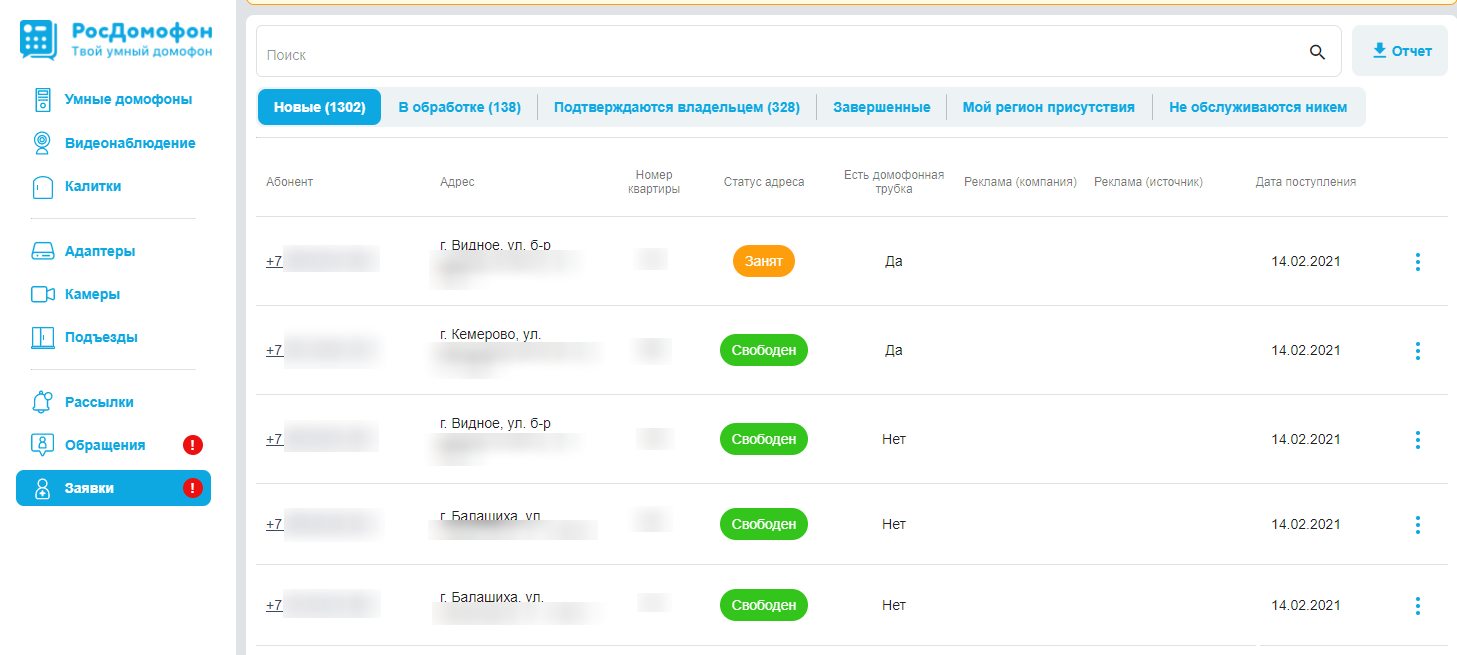 Обращения и заявки на подключение от абонентов | РосДомофон
